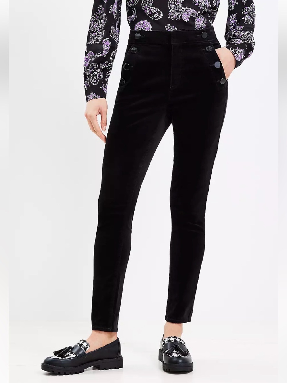 Loft Mariner Skinny Pants Black Velvet Size 32 High Rise Casual Minimalist Work